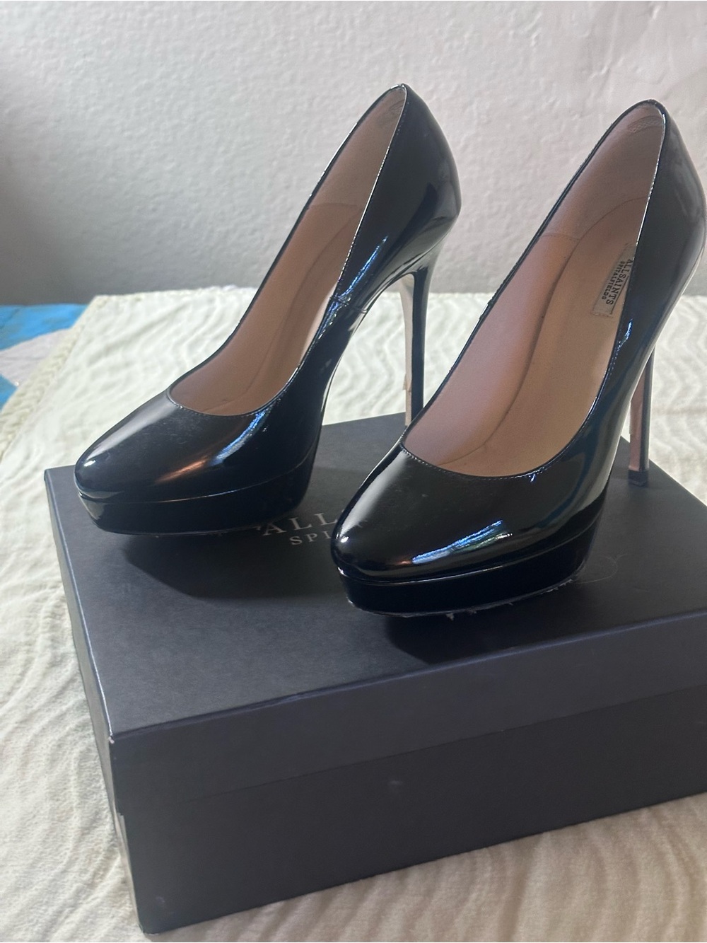 All Saints black patent leather cigarette platform